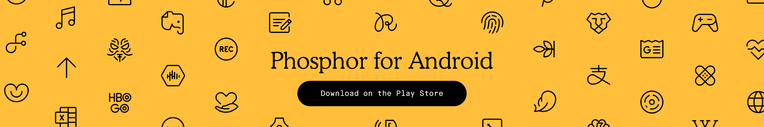 Composition of black line-style icons on a yellow background, with the logo of Phosphor for Android